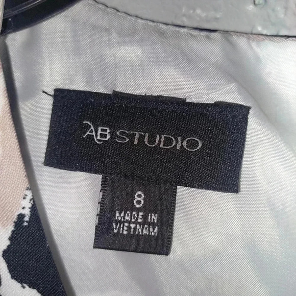 AB Studio Black White Floral Print Fit-and-Flare Dress Pockets Size 8 - Picture 8 of 9